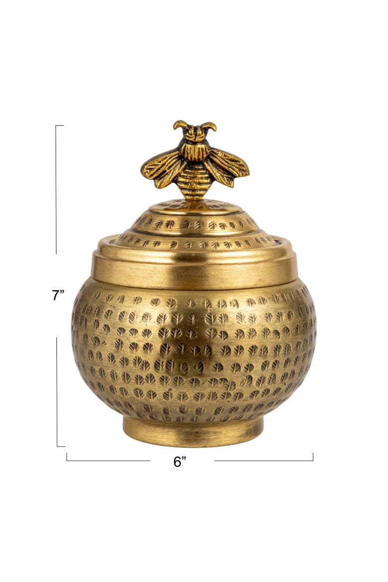 Round Hammered Metal Container with Bee Finial, Brass Finish, Alternate, color, Gold