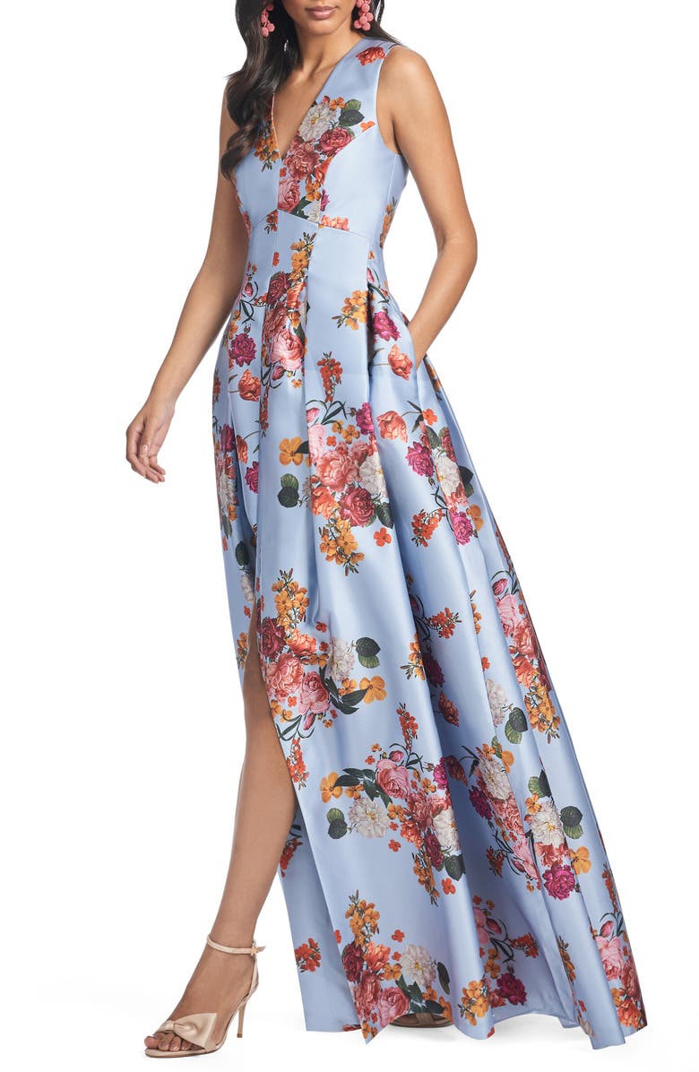 Sachin & Babi Brooke Floral Sleeveless Mikado Gown, Alternate, color, Glacial Blue Bright Bouquet