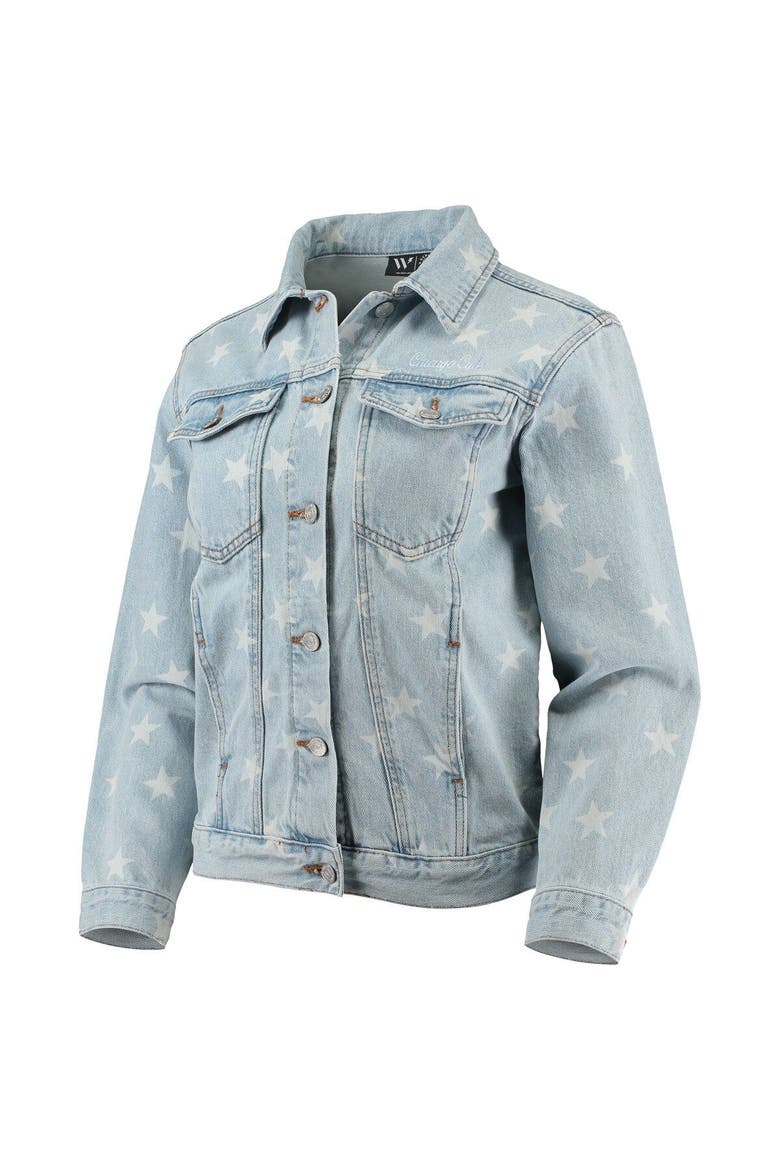 Women's The Wild Collective Chicago Cubs Allover Print Button-Up Denim Jacket, Alternate, color, Denim