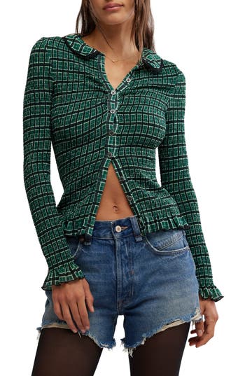 Shop Free People Caught A Feeling Smocked Button-up Top In Green Combo