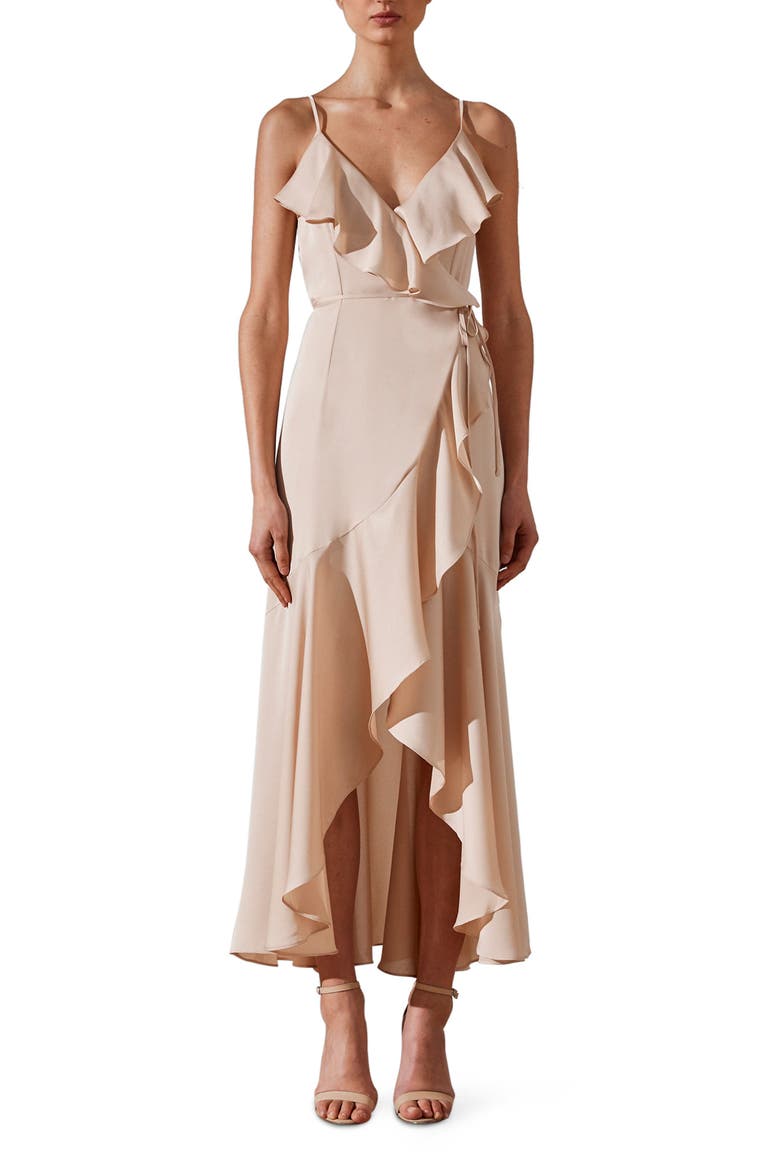 Luxe Ruffle Trim Wrap Gown, Main, color, CHAMPAGNE