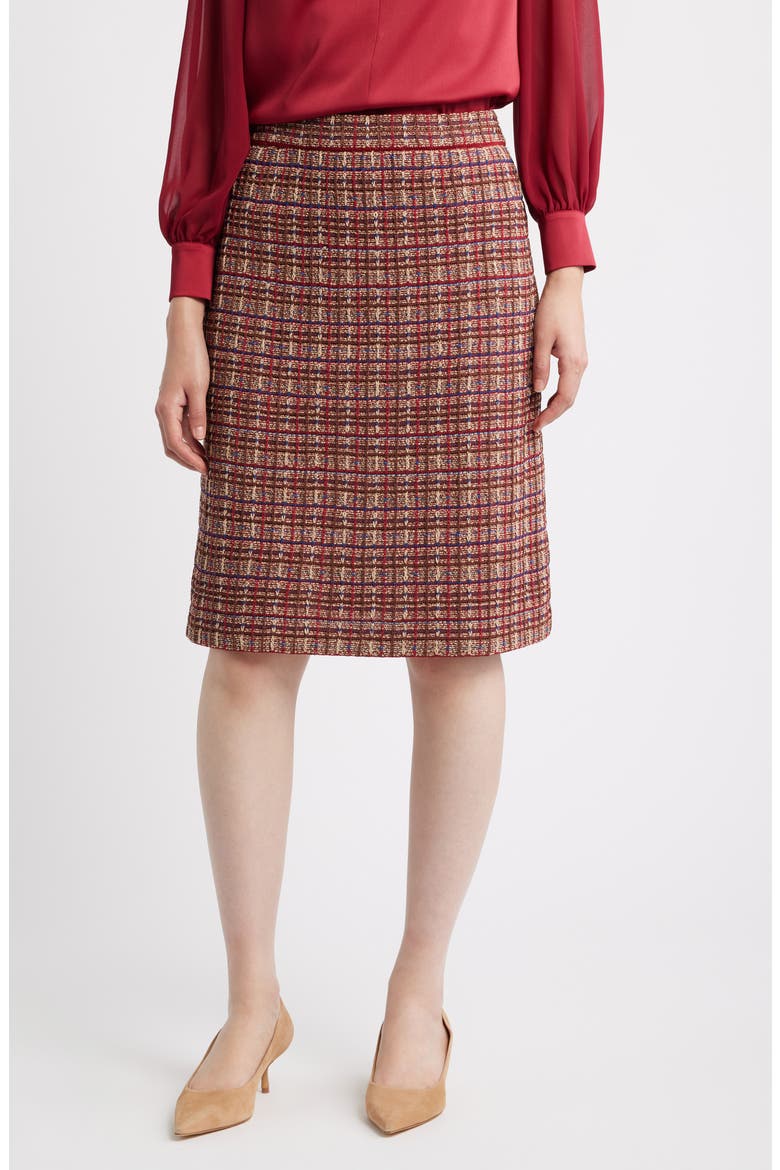 Plaid Knit Pencil Skirt, Main, color, SCARLET RED/TRUFFLE/SND/LAZULI