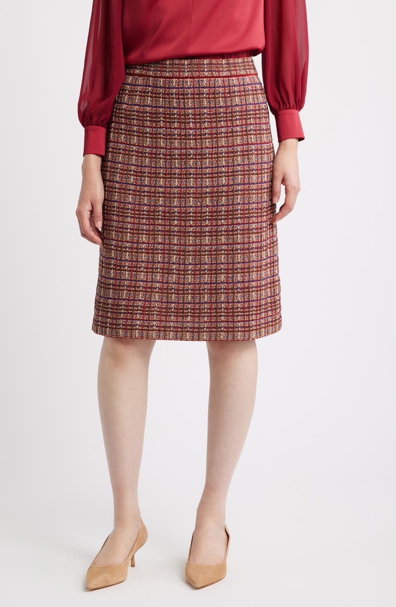 Misook Plaid Knit Pencil Skirt, Main, color, Scarlet Red/Truffle/Snd/Lazuli
