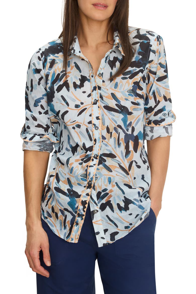 Abstract Floral Print Embroidered Cotton Button-Up Top, Main, color, BLUE MULTI