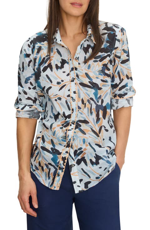 Abstract Floral Print Embroidered Cotton Button-Up Top