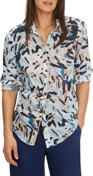 NIC+ZOE Abstract Floral Print Embroidered Cotton Button-Up Top