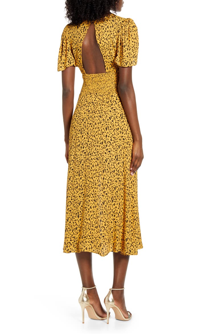 AFRM Jamie Print Open Back Short Sleeve Dress, Alternate, color, GOLD LEOPARD