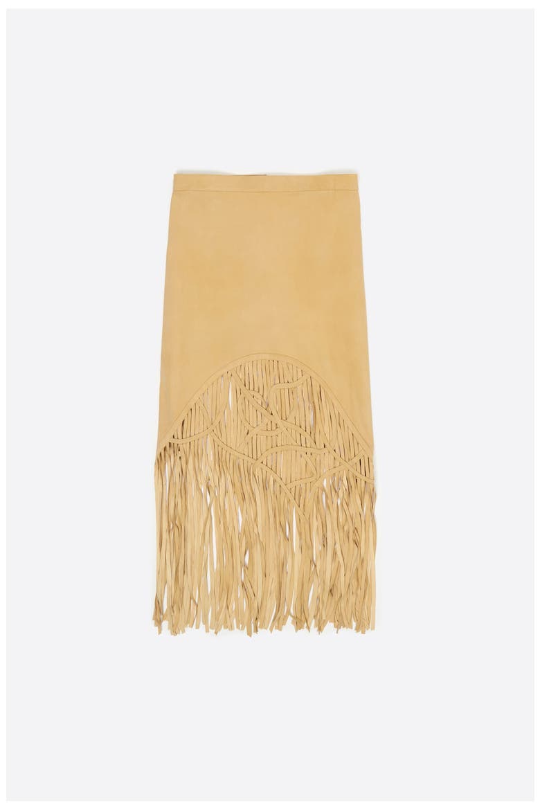 Suede Midi Skirt With Irregular Fringes, Alternate, color, MUSTARD