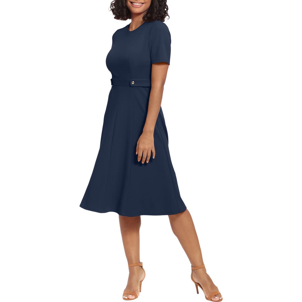 London Times Short Sleeve Fit & Flare Midi Dress In Blue