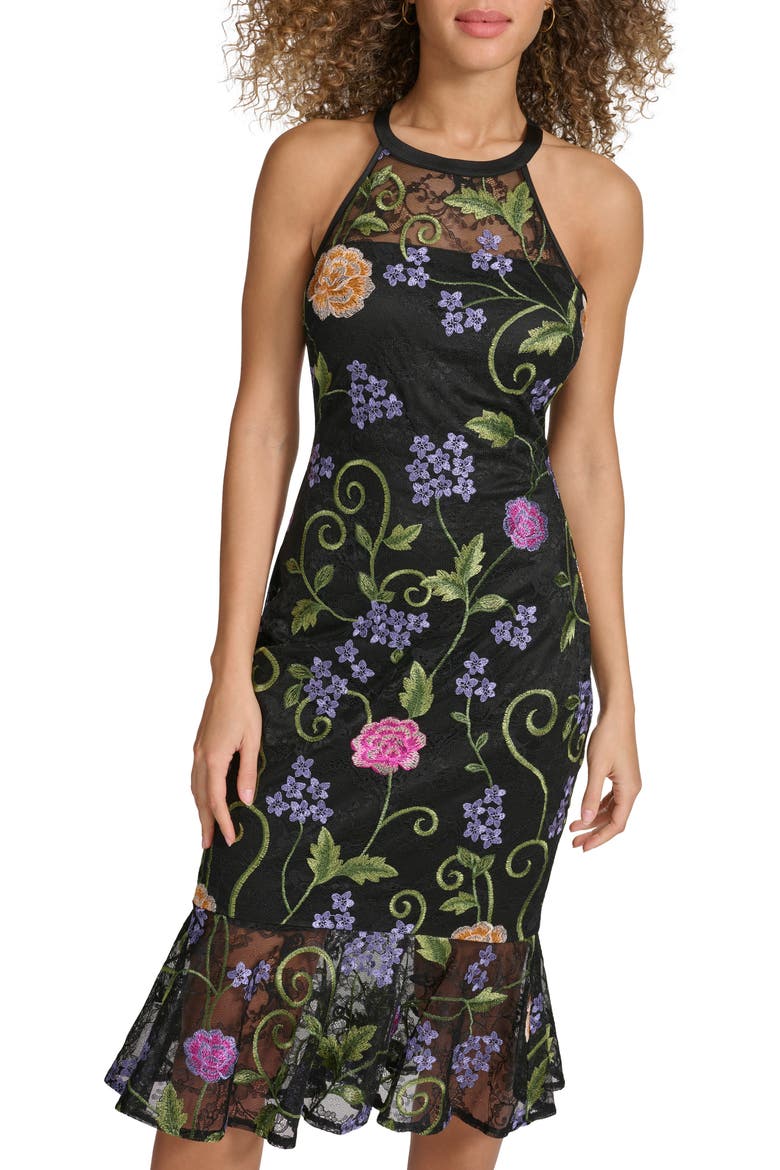 Floral Embroidered Mesh Sheath Dress, Alternate, color, BLACK MULTI