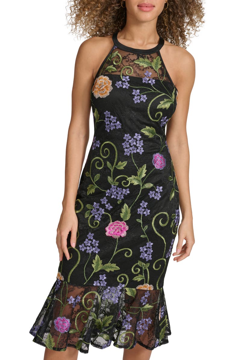 Siena Floral Embroidered Mesh Sheath Dress, Alternate, color, Black Multi