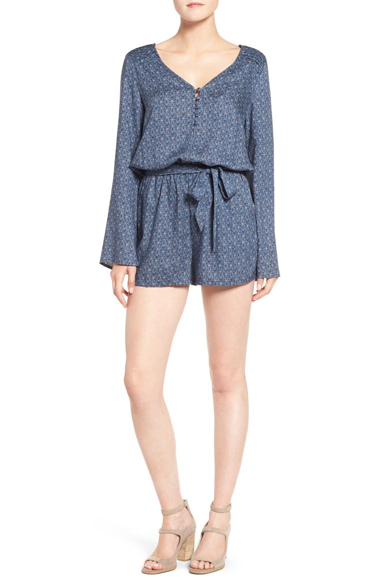 'Naomi' Bell Sleeve Floral Print Romper, Main, color, INDIGO MANDALA