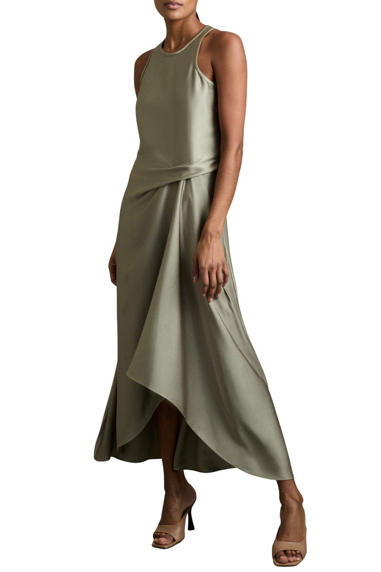 Micah Sleeveless Satin High-Low Maxi Dress, Main, color, KHAKI