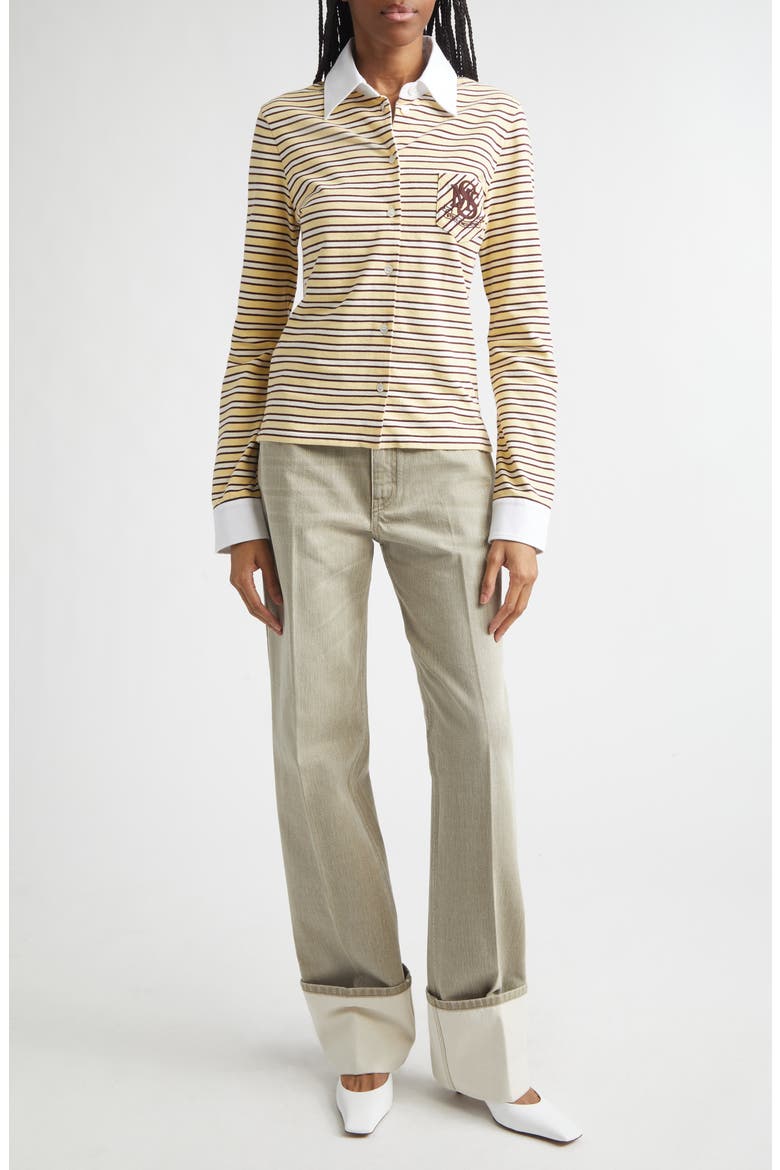 Embroidered Crest Fancy Stripe Long Sleeve Button-Up Polo, Alternate, color, YELLOW MULTI STRIPE