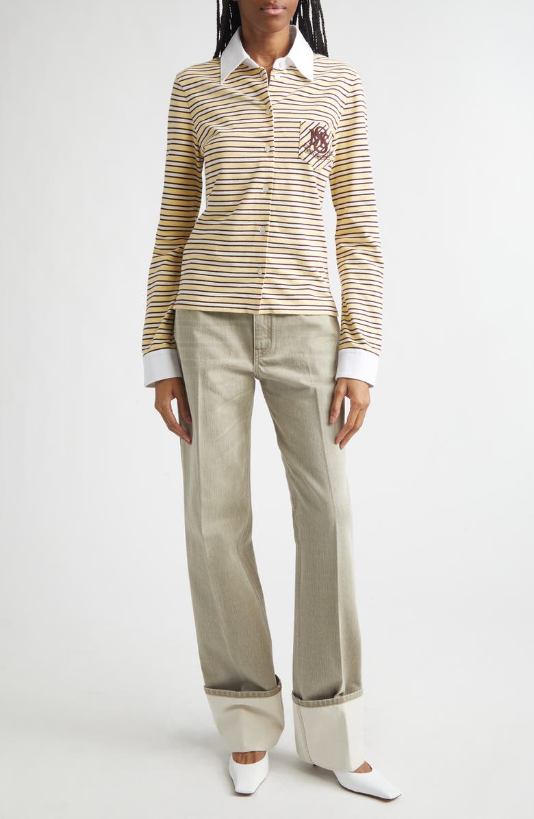 Stella McCartney Embroidered Crest Fancy Stripe Long Sleeve Button-Up Polo, Alternate, color, Yellow Multi Stripe