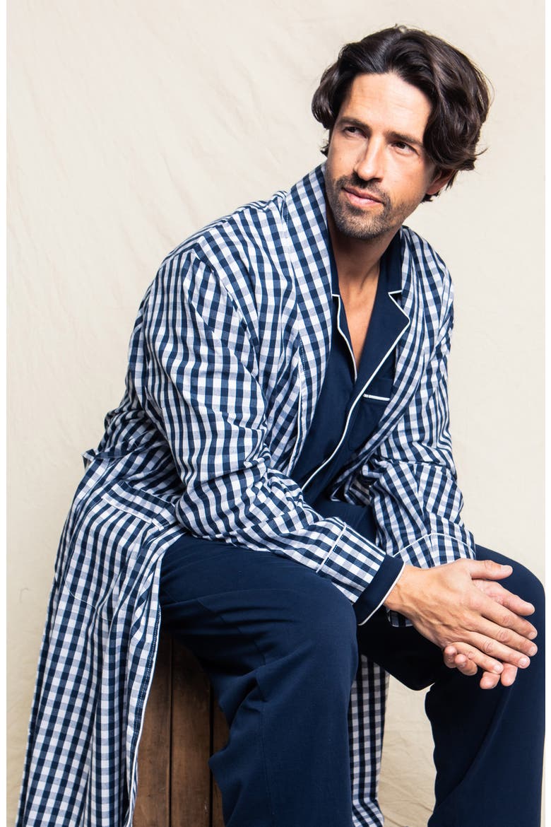 Men's Gingham Cotton Twill Robe, Alternate, color, NAVY