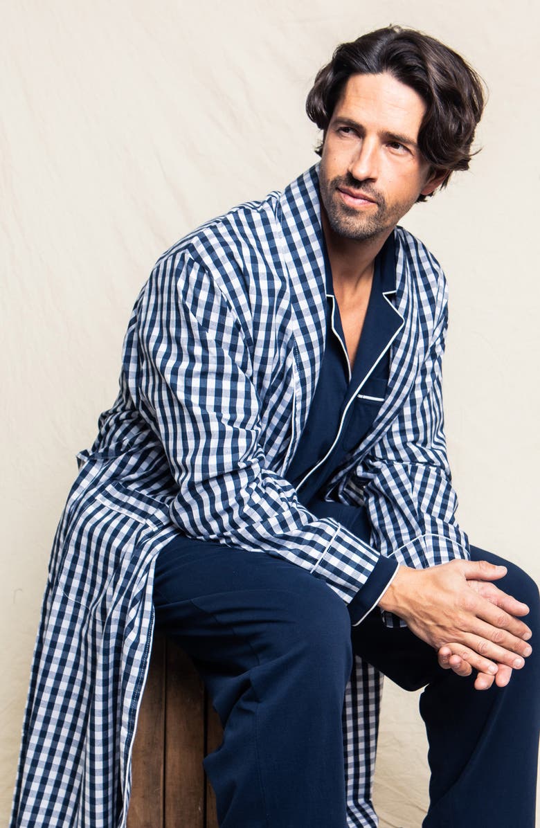 Petite Plume Men's Gingham Cotton Twill Robe, Alternate, color, Navy