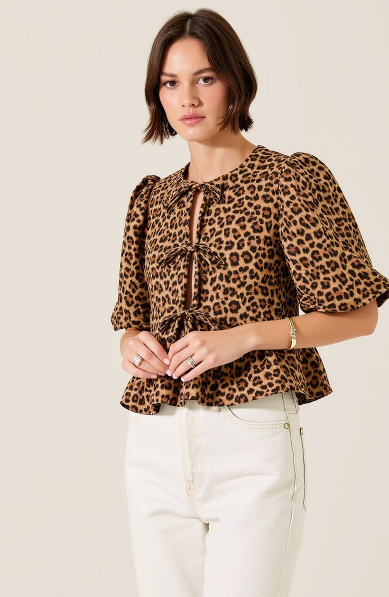 Modenaire Peplum Top With Front Tie Closures And Short Puff Sleeves, Alternate, color, Leopard Print