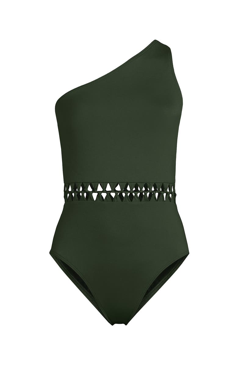 Lands' End Macrame One Shoulder High Leg One Piece Swimsuit, Alternate, color, Rich Olive Green