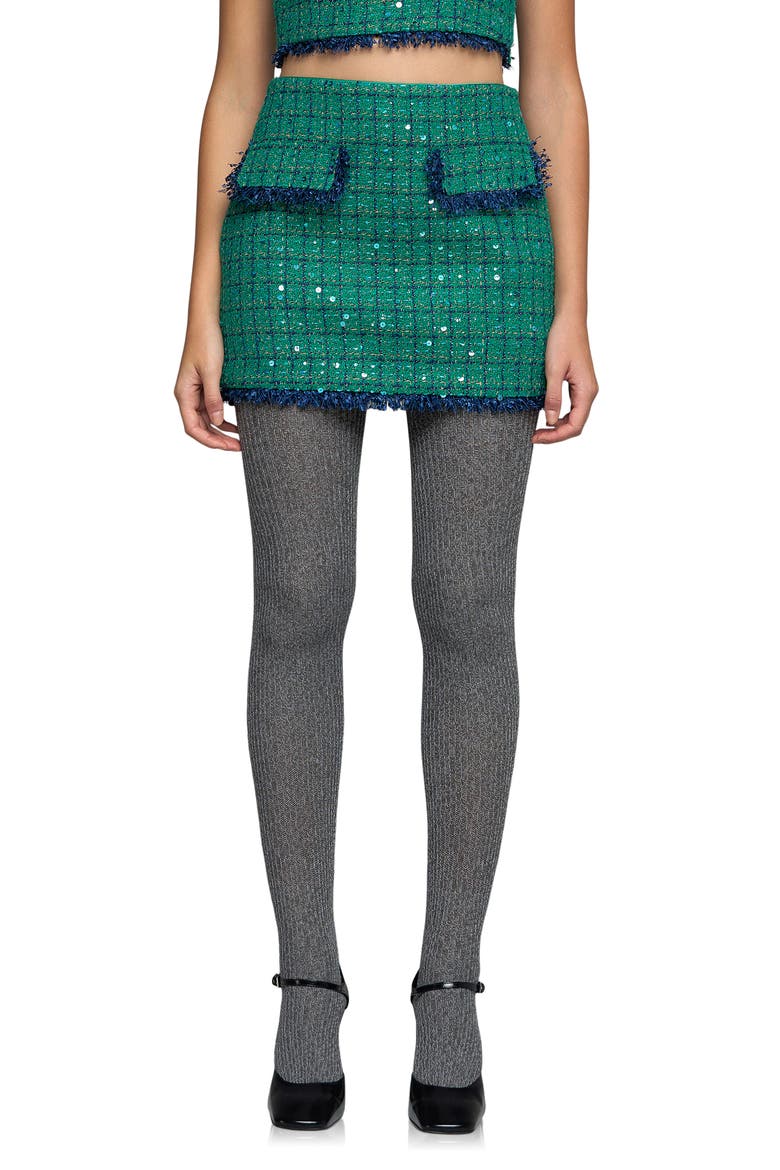 Premium Fringe Edge Sequin Tweed Miniskirt, Main, color, GREEN/ NAVY