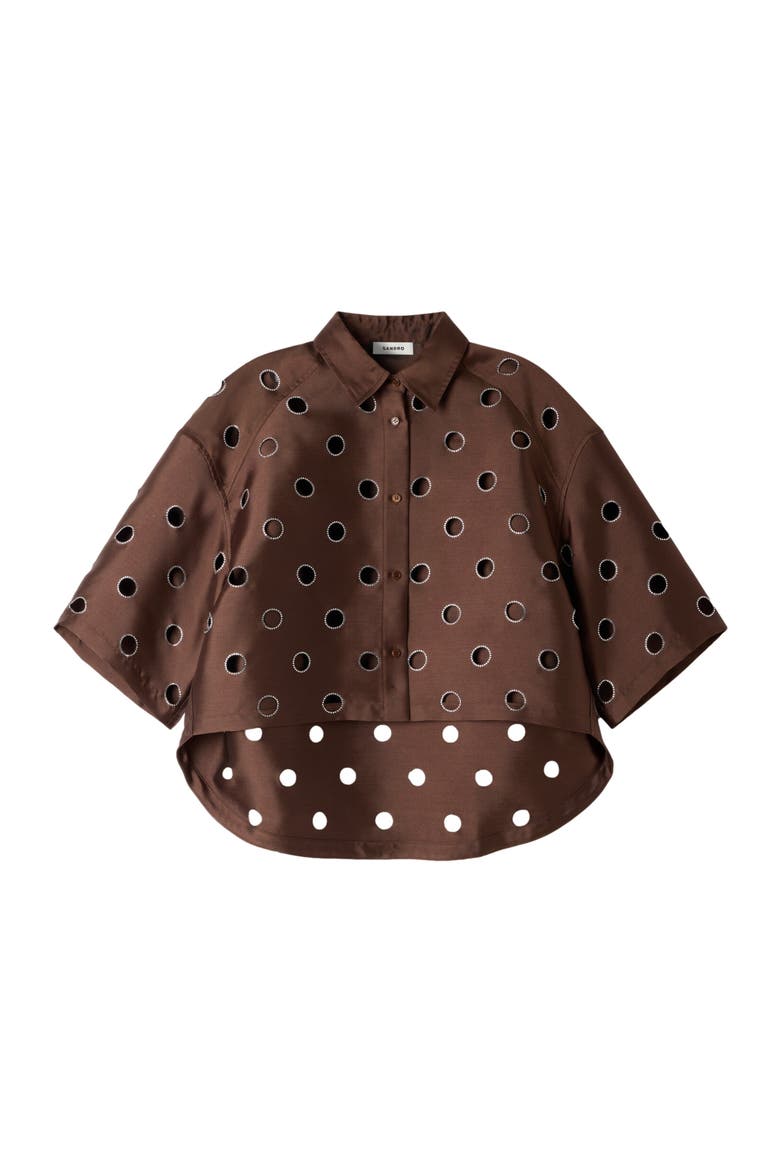 Oversized shirt with rhinestones holes, Alternate, color, Brown