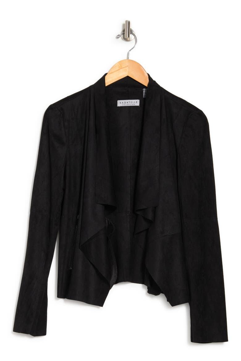 Draped Faux Suede Jacket, Alternate, color, BLACK