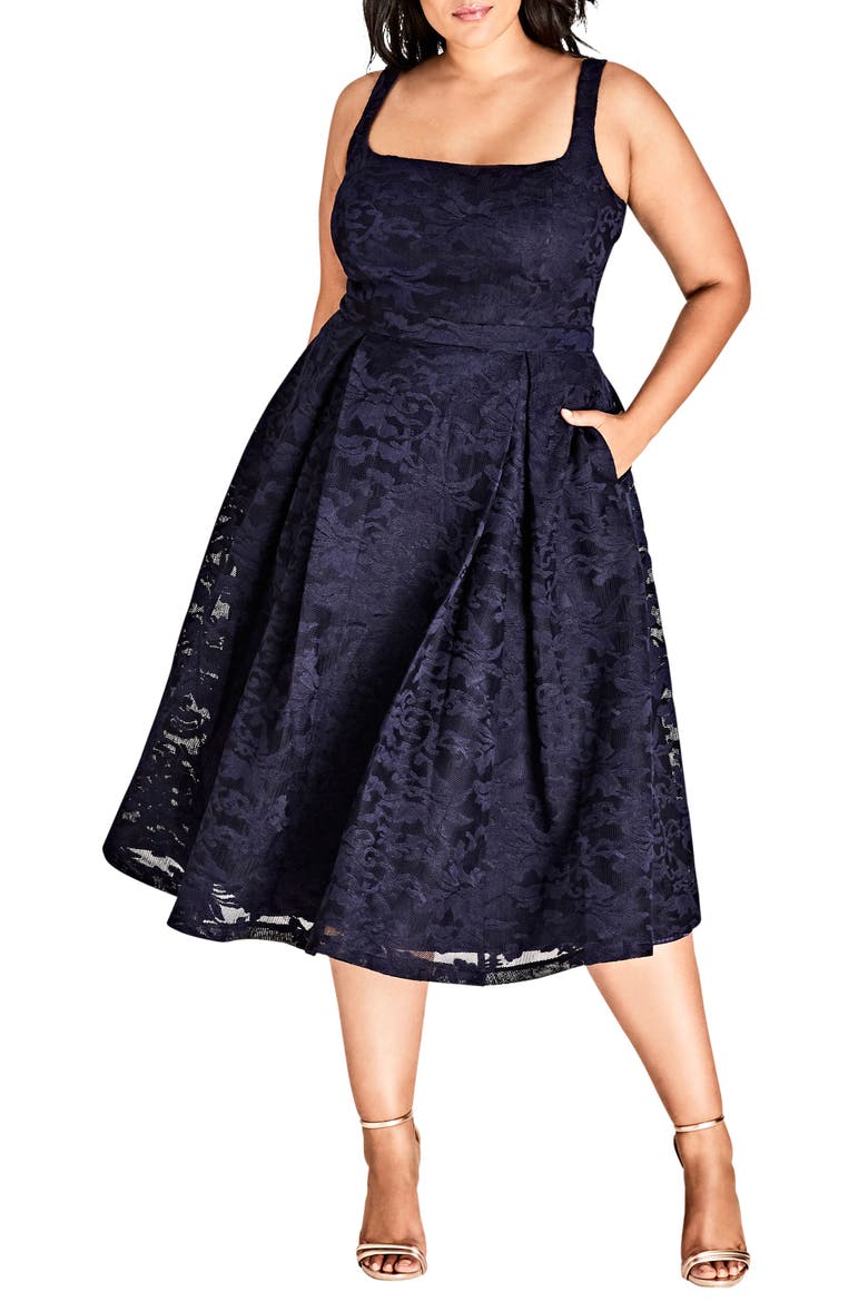 Jackie O Lace Fit & Flare Dress, Main, color, NAVY