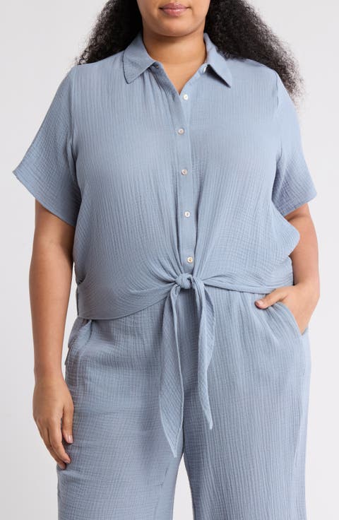 Short Sleeve Gauze Tie Camp Shirt (Plus)