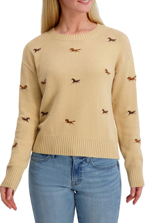 Horse Embroidered Cotton Blend Sweater