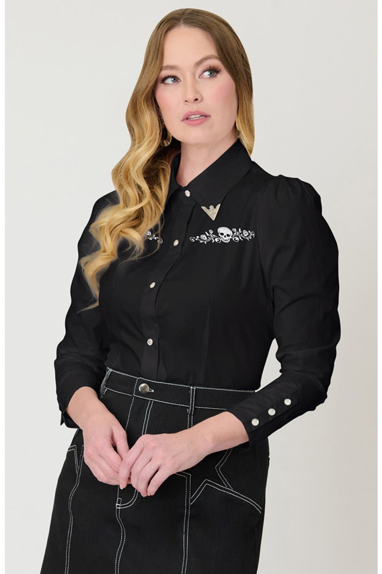 1940s Collar Tipped Blouse, Alternate, color, Black w/ Skull Embroidered