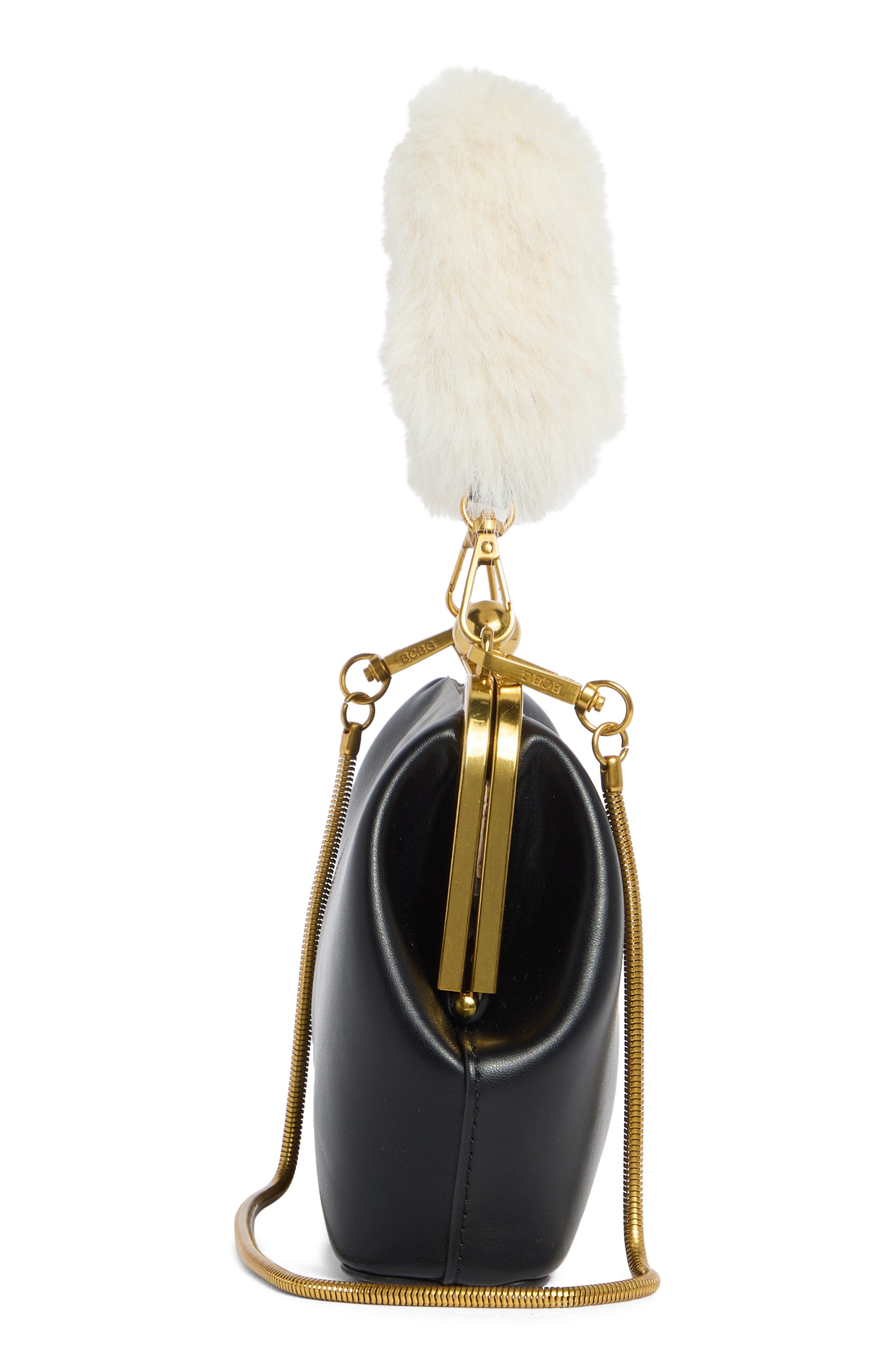 BCBG Faux Fur Top Handle Frame Clutch, Alternate, color, Black