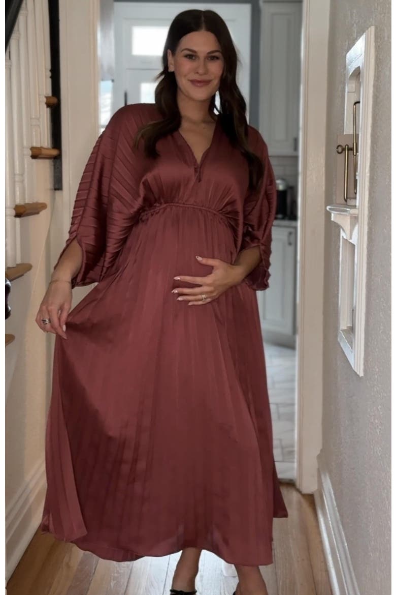 Satin Pleated V-Neck Maxi Dress, Alternate, color, Mauve