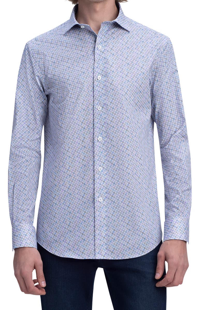 Bugatchi Shaped Fit Geo Print Stretch Cotton Button-Up Shirt, Main, color, 