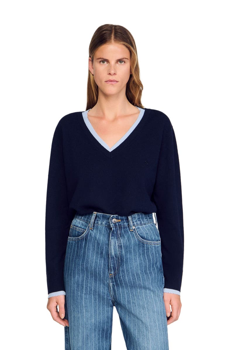 SANDRO V-neck wool and cashmere sweater, Alternate, color, Navy Blue