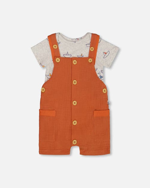 Deux par Deux Baby Boy's Printed Organic Cotton Bodysuit And Muslin Shortall Set Terracotta And Small Boats at Nordstrom, Size 12M