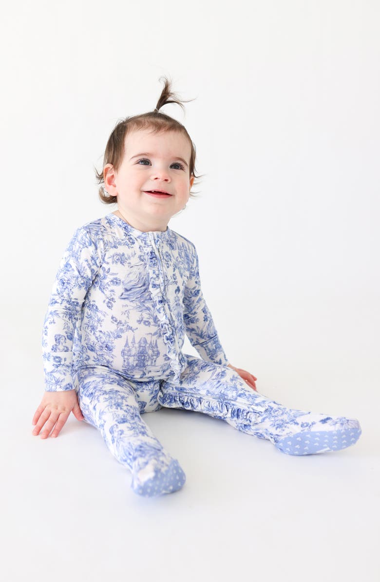 Posh Peanut Floral Toile Print Ruffle Zip Footie, Alternate, color, White