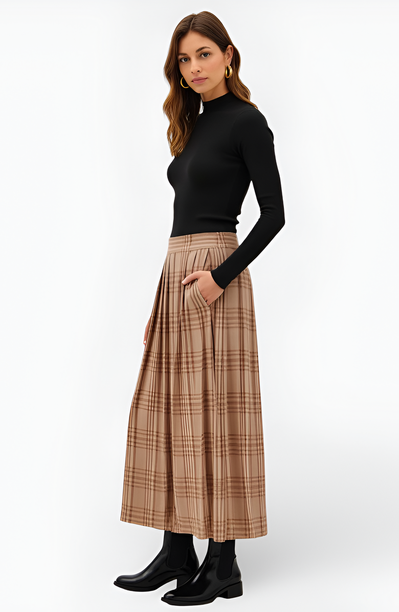 Modenaire Plaid Pleated Maxi Skirt with Elastic Waistband, Alternate, color, Plaid Beige/Brown