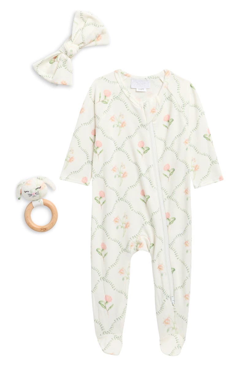 Toby Cottage Floral Footie, Headband & Teether Set, Main, color, Rose