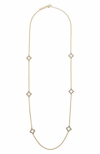 Cubic Zirconia Quatrefoil Station Chain Long Necklace