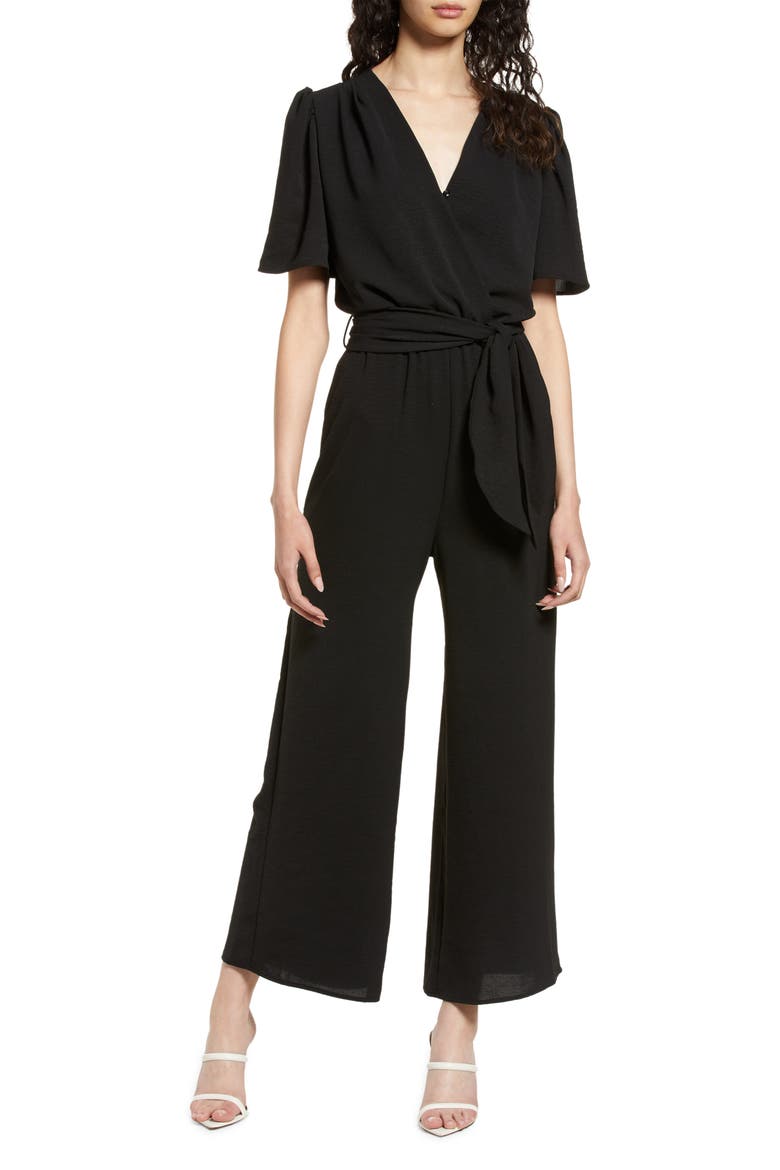 Tie Front Wide Leg Jumpsuit, Main, color, BLACK