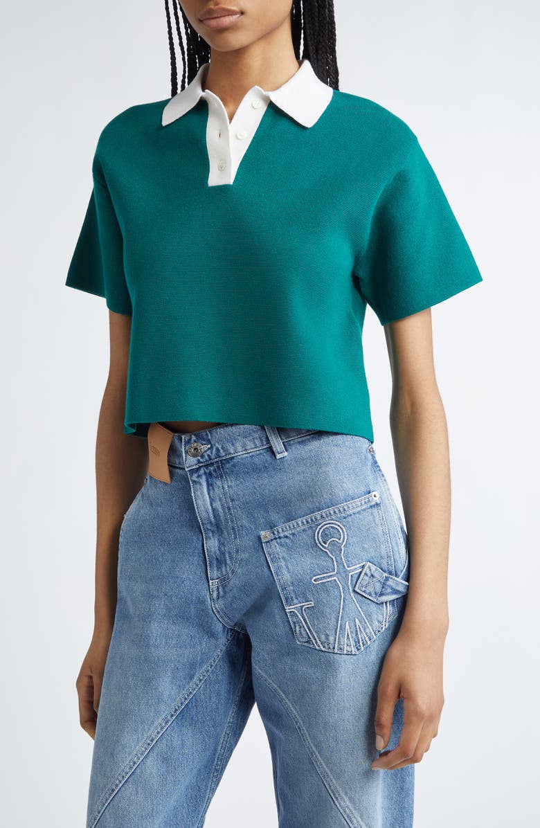 JW Anderson Logo Embroidered Stretch Cotton Crop Polo, Main, color,