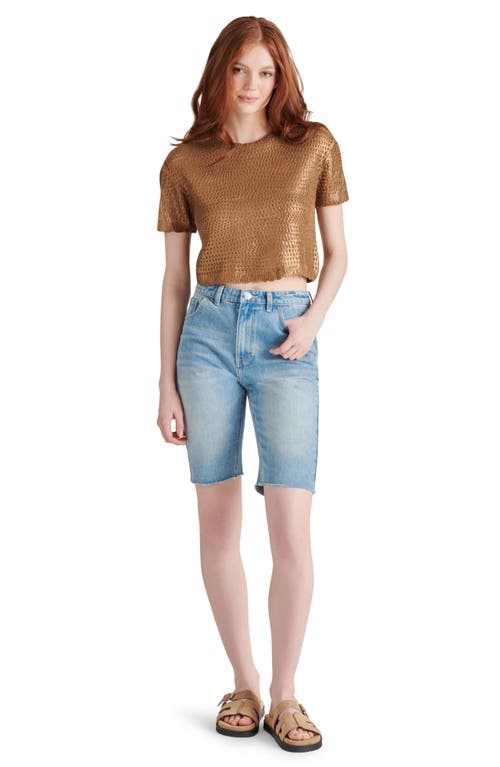 Steve Madden Biana Metallic Open Stitch Short Sleeve Crop Sweater In Caramel Cafe