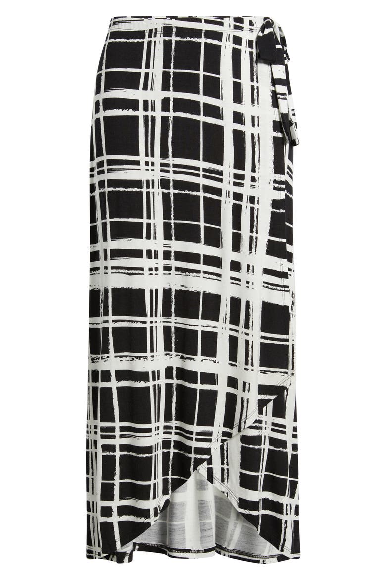 Windowpane Plaid Faux Wrap Knit Skirt, Alternate, color, BLACK/ IVORY