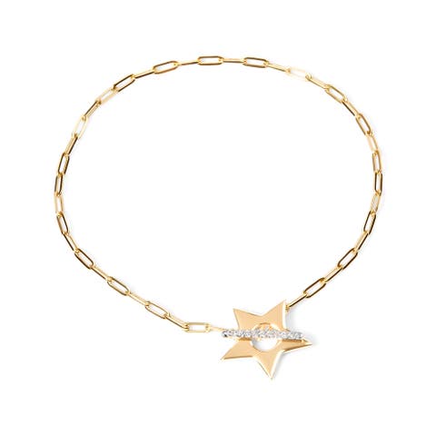 18K Yellow Gold Plated Sterling Silver Diamond Accent Star Charm Paperclip Chain Bracelet