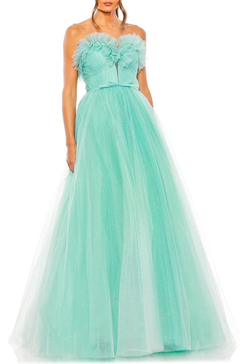 Strapless Glitter Tulle Gown, Main, color, AQUA OMBRE