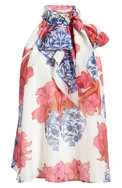 Ted Baker Akaki Organza Printed Tie Neck Top In Ivory