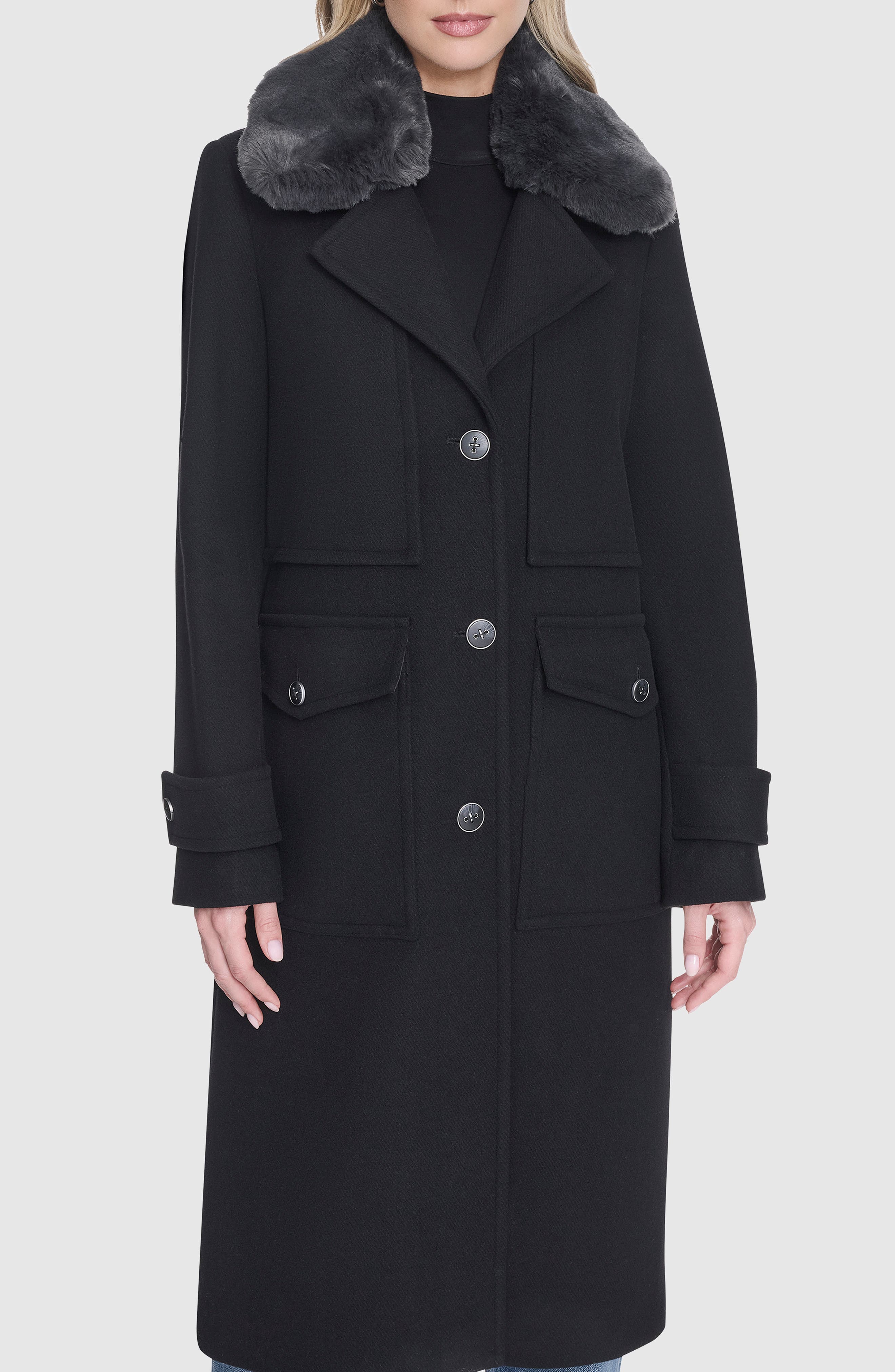 Andrew Marc Faux Fur Collar Wool Blend Coat