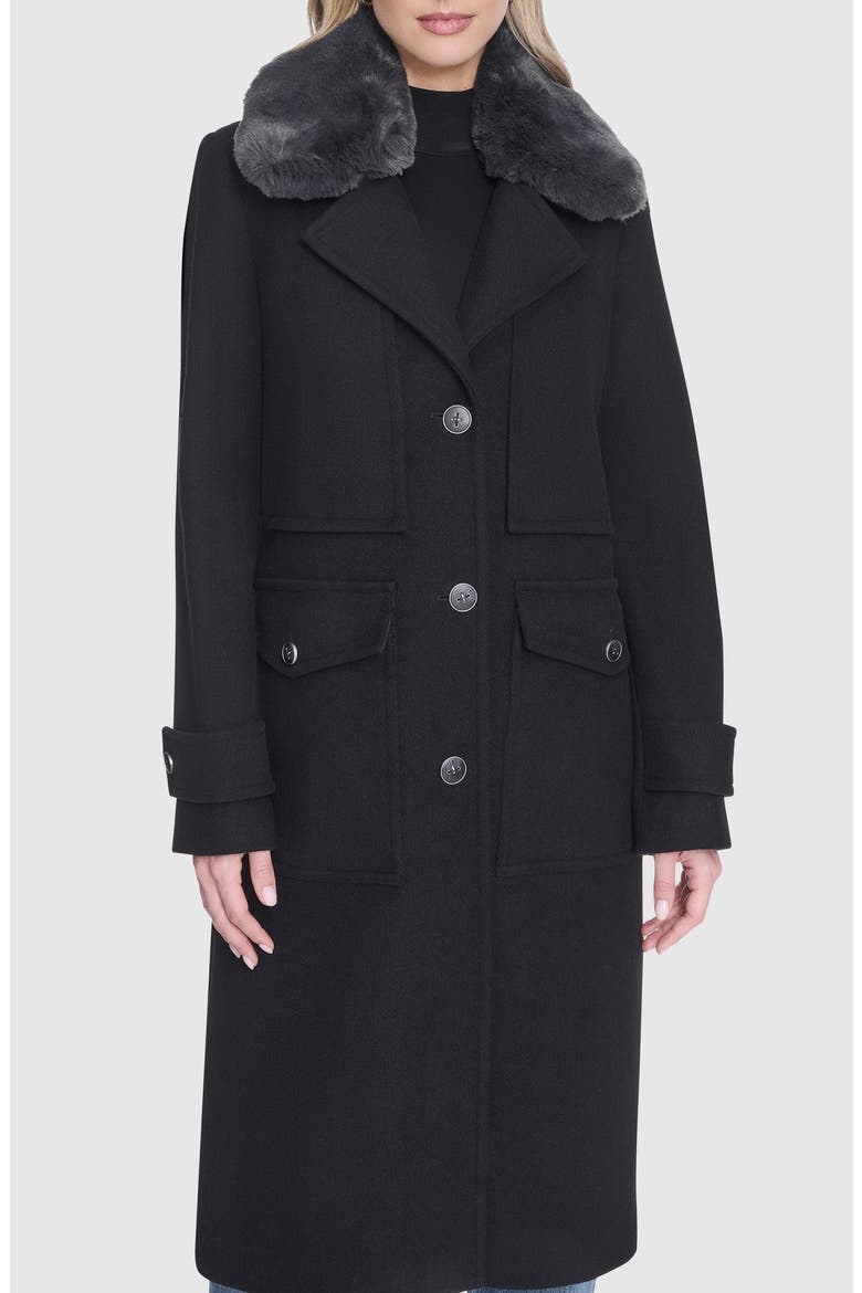 Faux Fur Collar Wool Blend Coat, Main, color, BLACK
