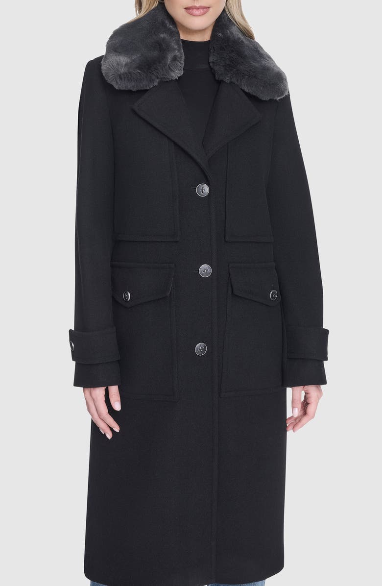 Andrew Marc Faux Fur Collar Wool Blend Coat, Main, color, Black