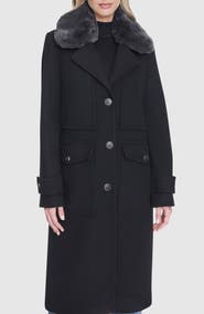 Andrew Marc Faux Fur Collar Wool Blend Coat
